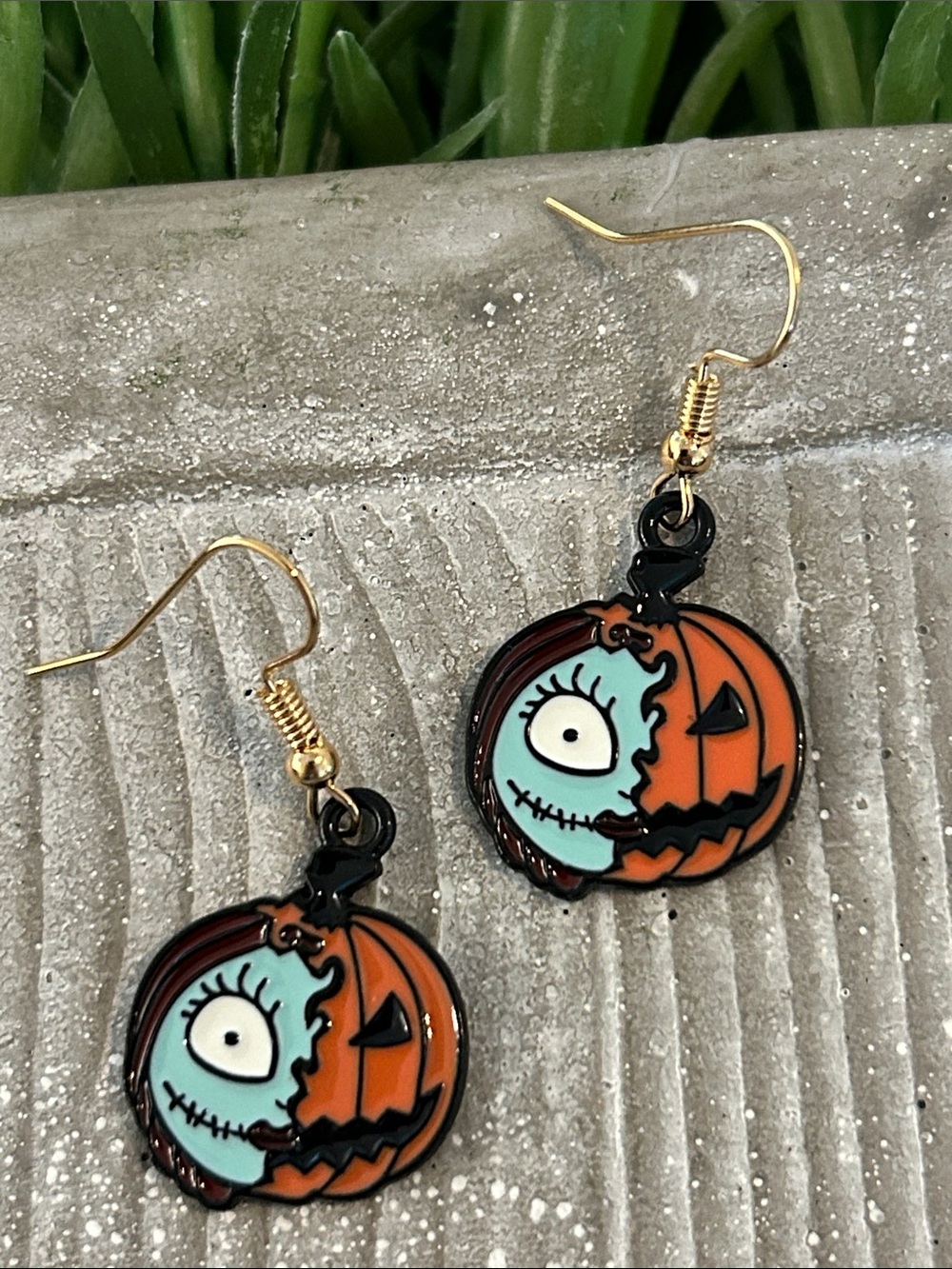 Halloween Pumpkin Face Dangle Earrings - Orange and Teal